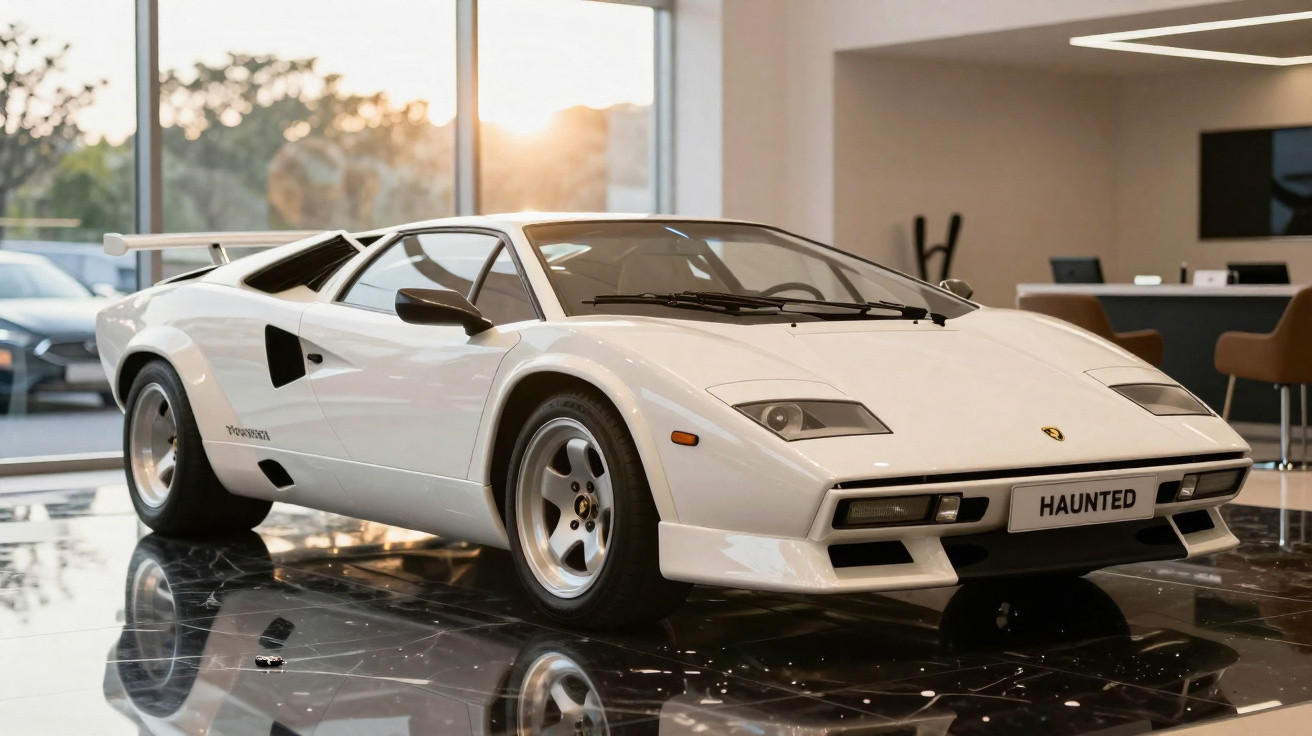 Carro desportivo clássico Lamborghini Countach branco estacionado em showroom com chão em mármore preto.