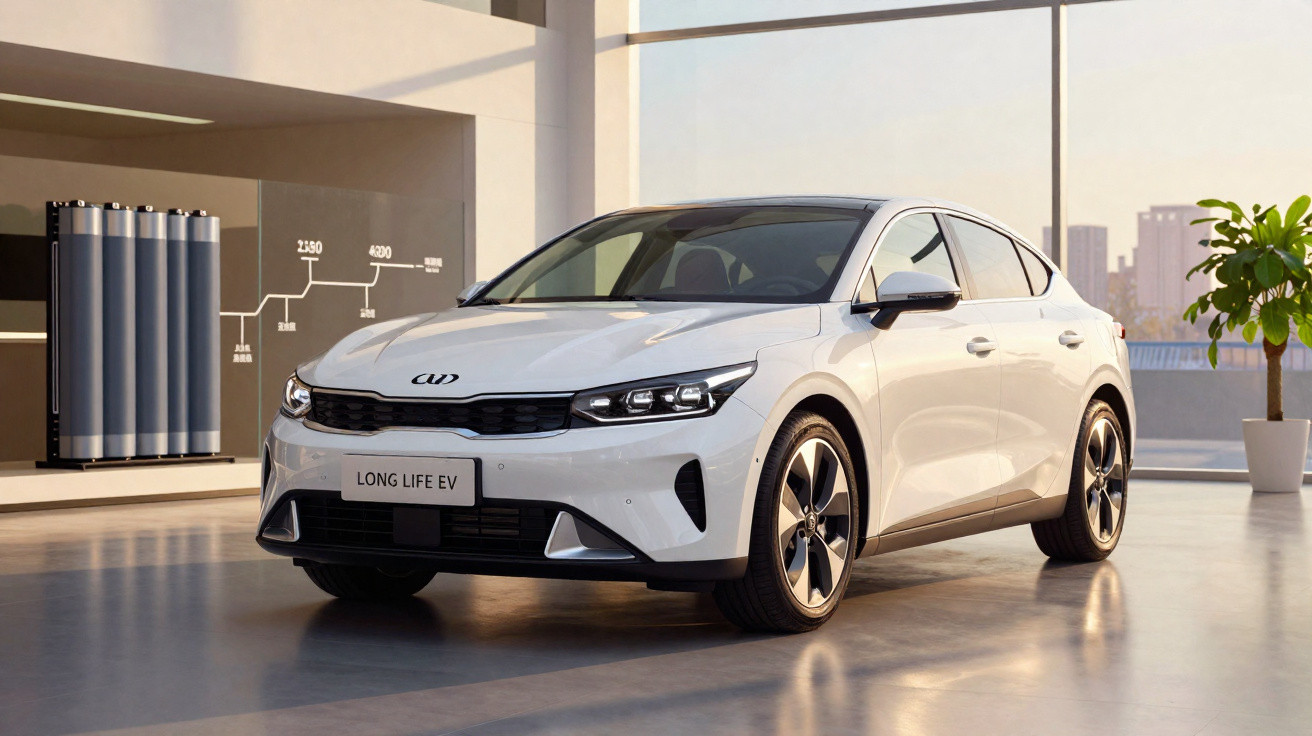 Carro elétrico branco Kia Long Life EV em exposição numa sala com luz natural e plantas decorativas.
