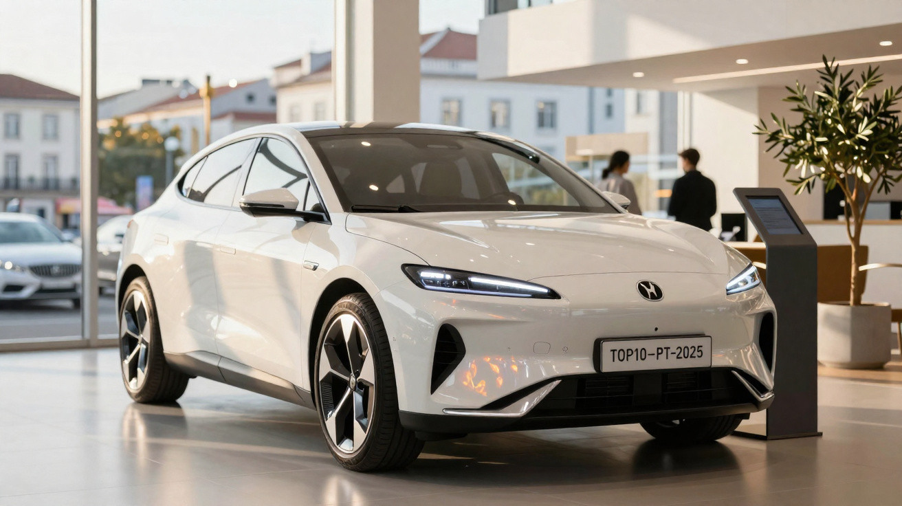 Carro elétrico branco com design moderno exposto numa linha de produção ou showroom.