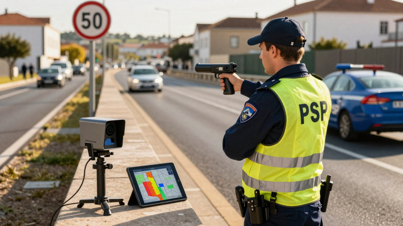 Polícia municipal com equipamento de radar a controlar velocidade numa estrada junto a sinal de 50 km/h.