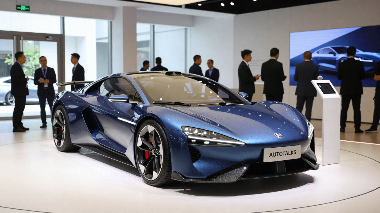 Carro desportivo azul exposto em salão, com pessoas em fundo a discutir.