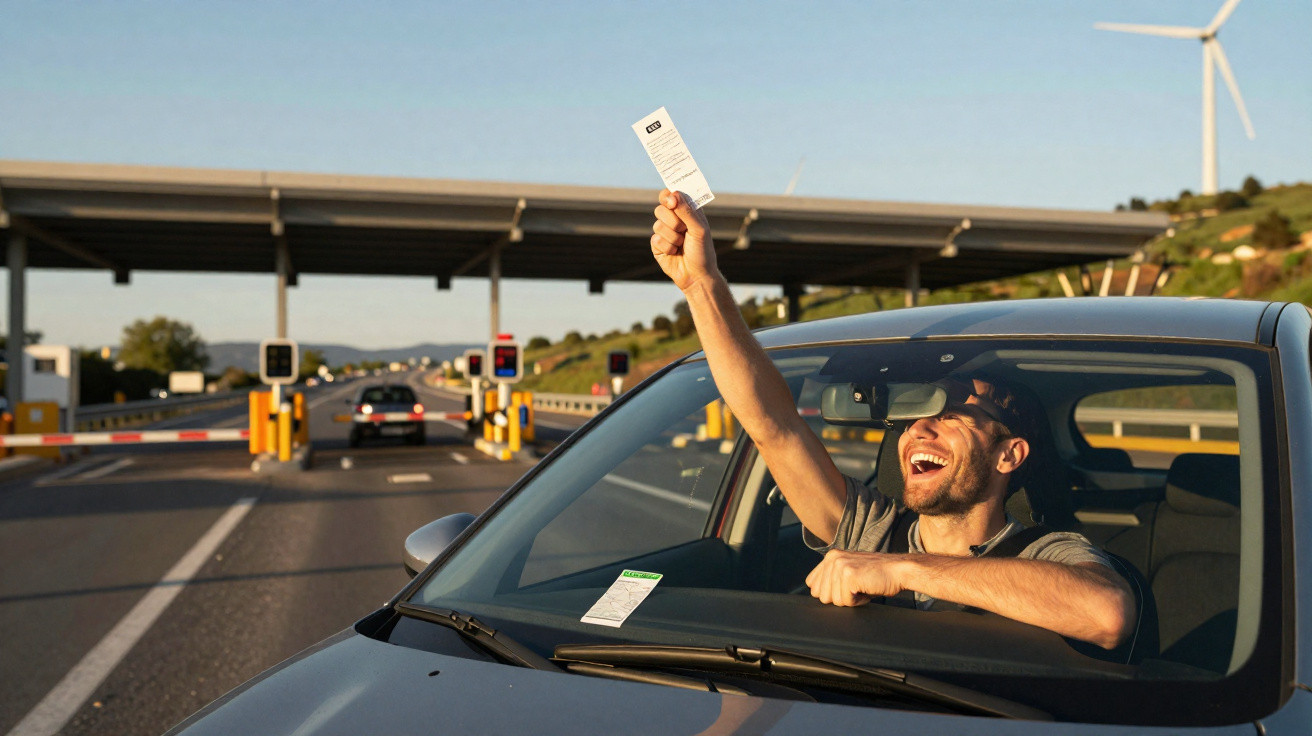 Homem dentro de carro a segurar um documento e sorrir junto a uma portagem na estrada.
