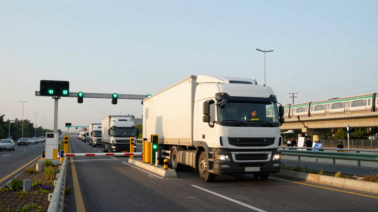Camiões brancos a passar por uma portagem numa autoestrada com trânsito e comboio ao fundo.