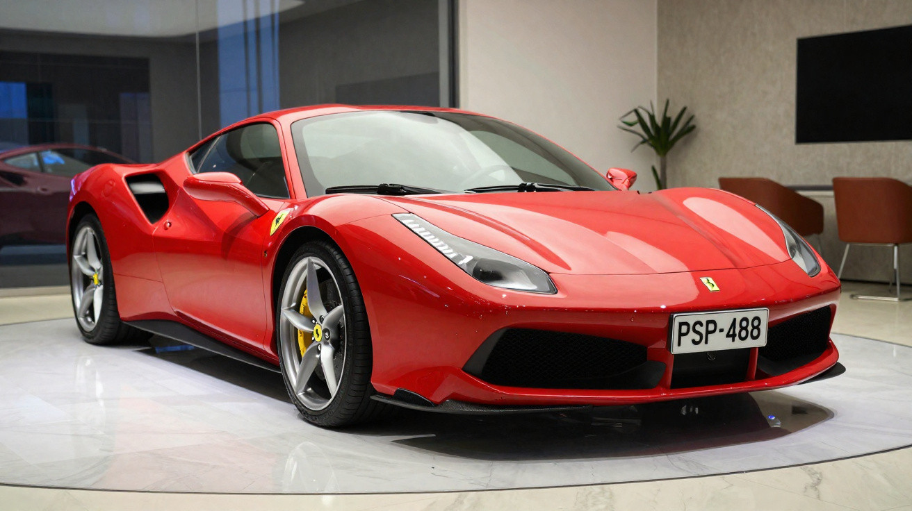 Carro desportivo vermelho Ferrari estacionado em piso de mármore, vista frontal angular esquerda.
