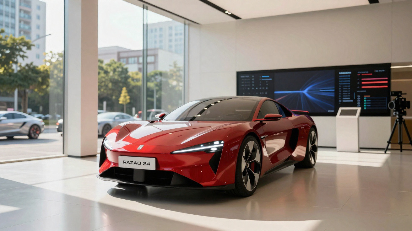 Carro elétrico desportivo vermelho exposto em espaço moderno com grandes janelas e monitores digitais.