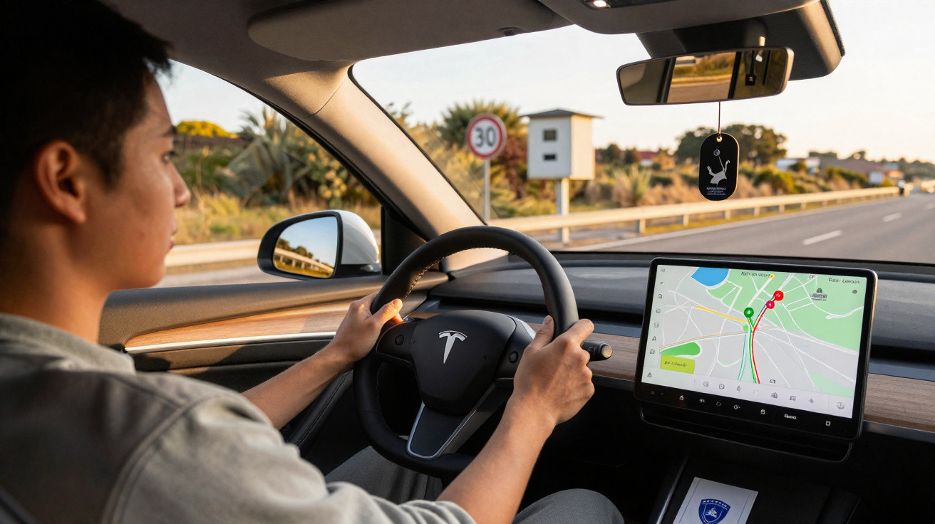 Pessoa a conduzir um carro Tesla, com sistema de navegação visível no ecrã do painel.