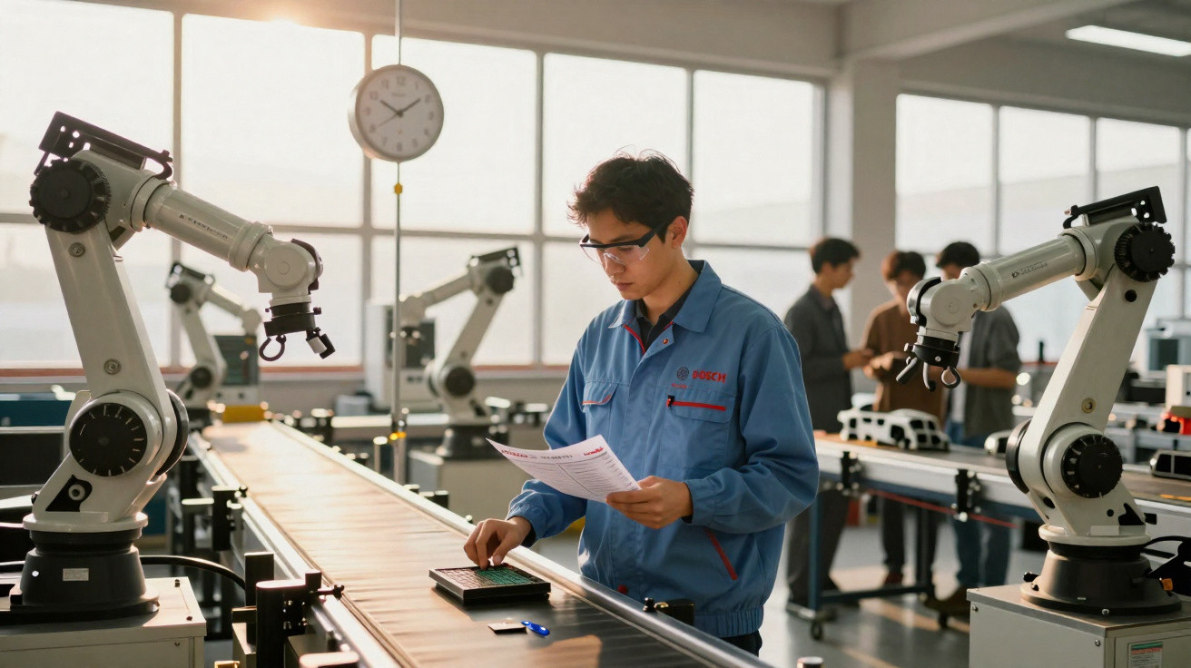 Homem com óculos de proteção verifica dados numa fábrica com braços robóticos industriais.