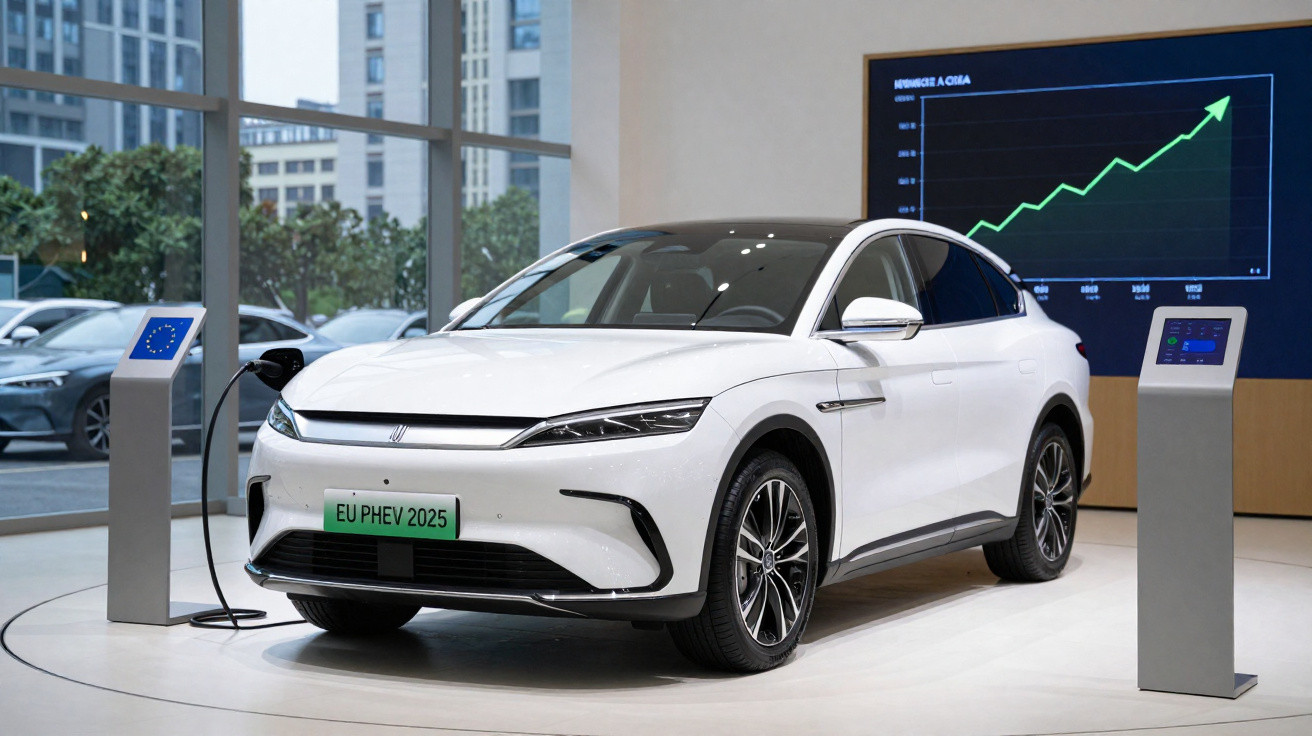 Carro elétrico branco em exposição, ligado a carregador, com gráfico de crescimento ao fundo.