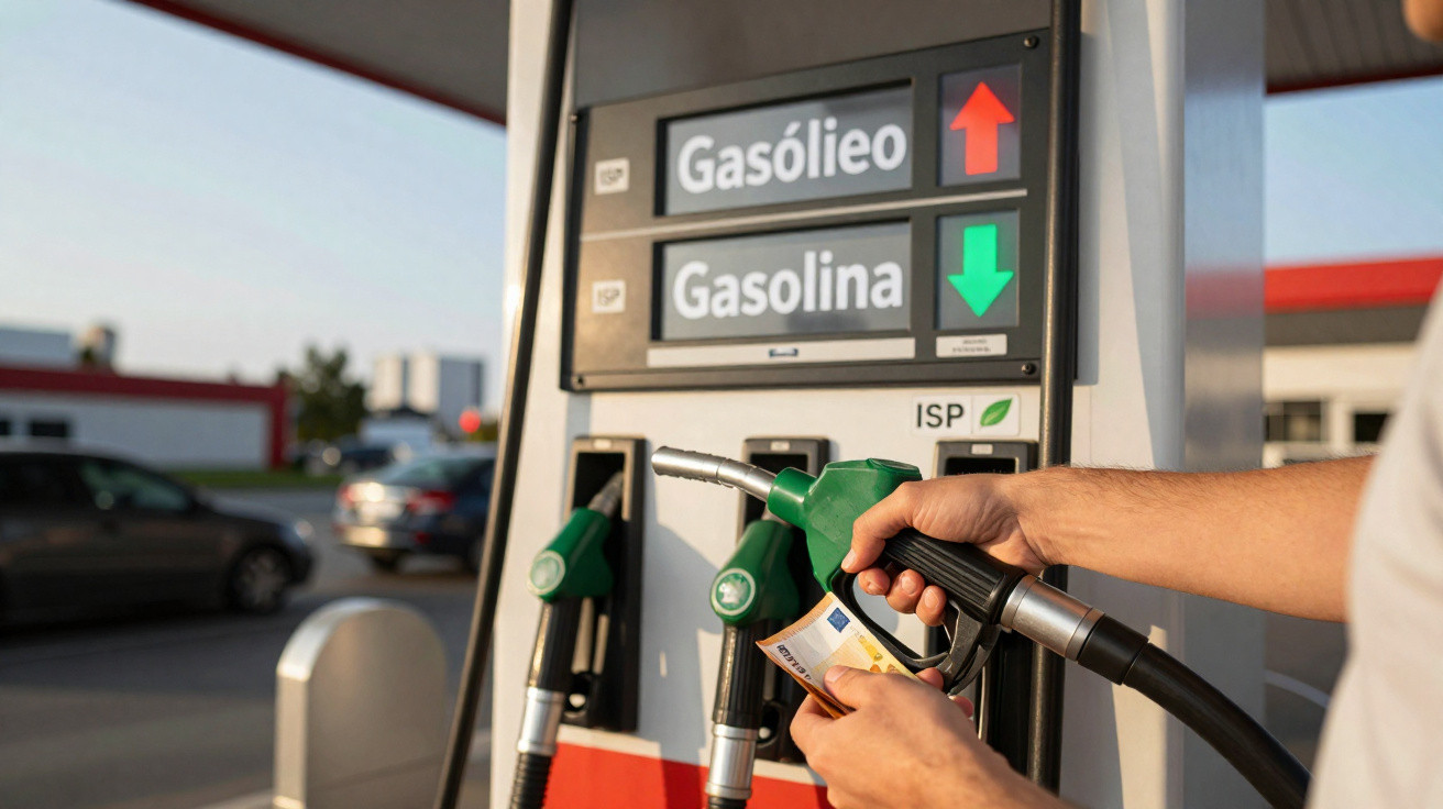 Pessoa segura bico de gasolina verde e carteira com notas de euro junto a bomba de combustível com preços indicados.