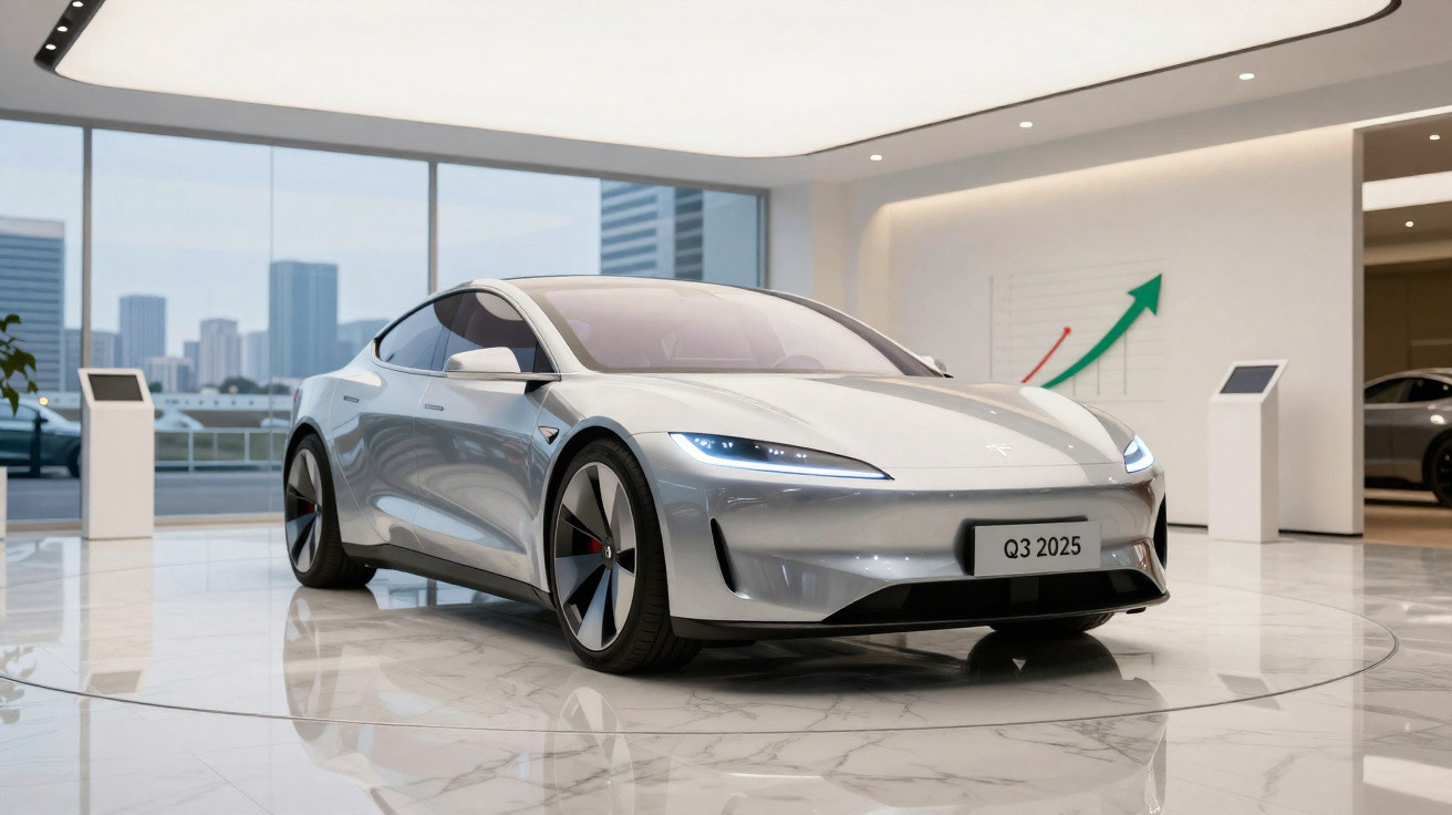 Carro elétrico Tesla prateado modelo 2025 em showroom moderno com chão de mármore e gráficos de crescimento no fundo.