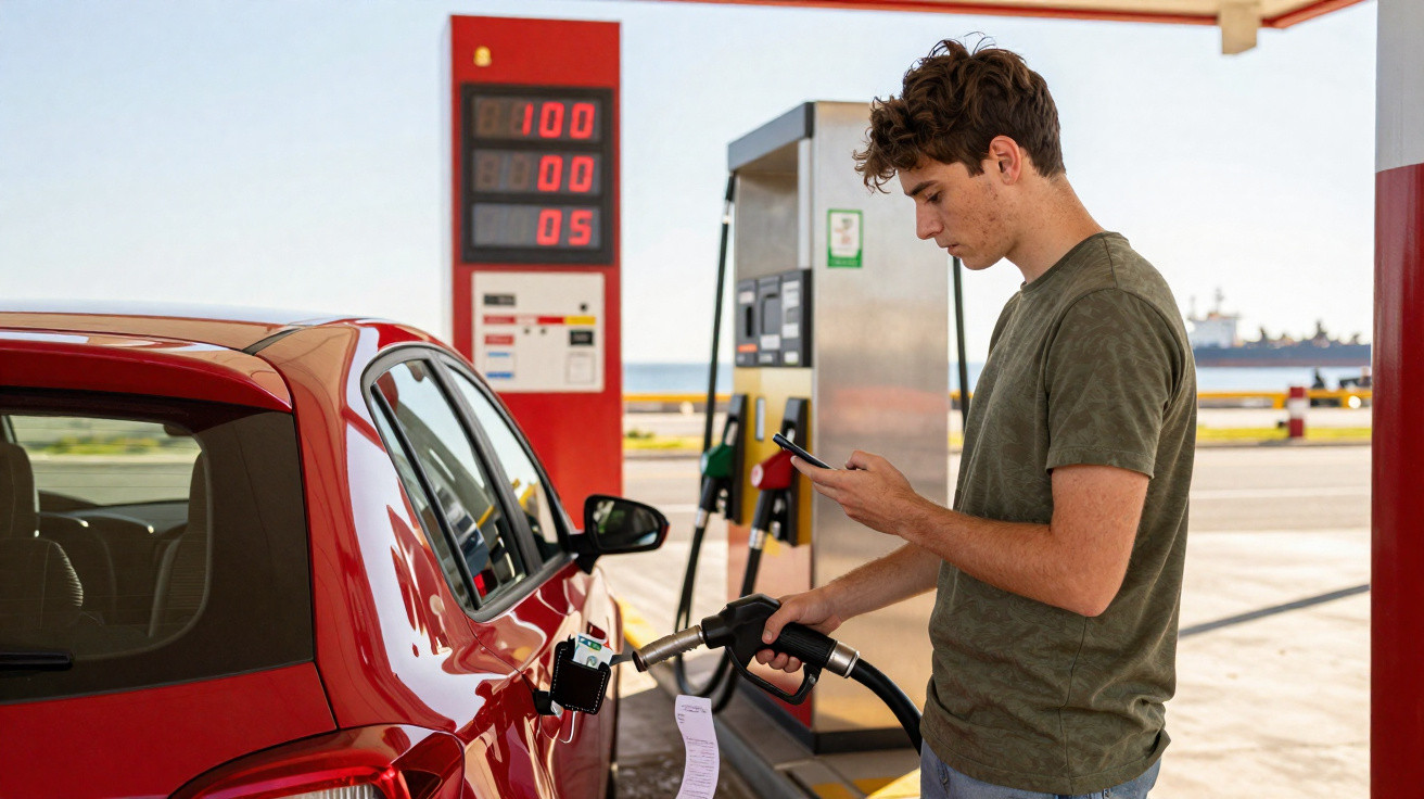 Homem a abastecer carro vermelho numa bomba de gasolina junto ao mar, olhando para telemóvel.