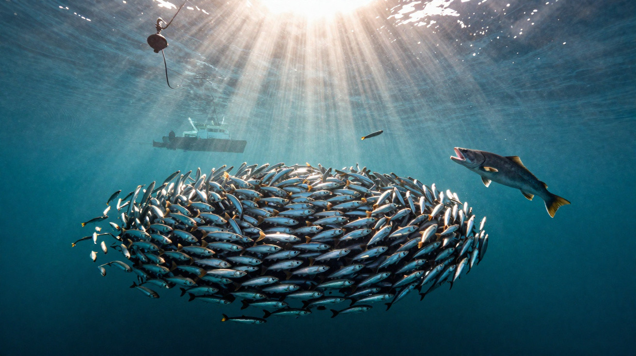Peixe grande a perseguir um cardume denso e alinhado na água ao amanhecer com raio de sol a iluminar a cena.