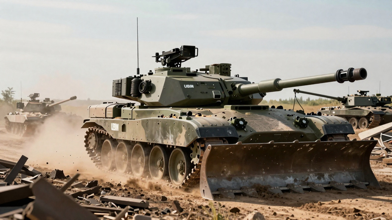 Tanque blindado militar camuflado em terreno árido com destroços e outros tanques ao fundo.
