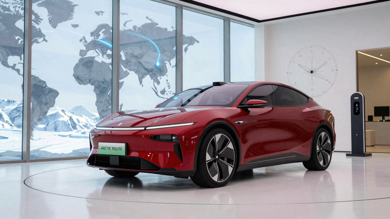 Carro elétrico vermelho estacionado em sala moderna com vista para paisagem nevada e mapa mundi no vidro.