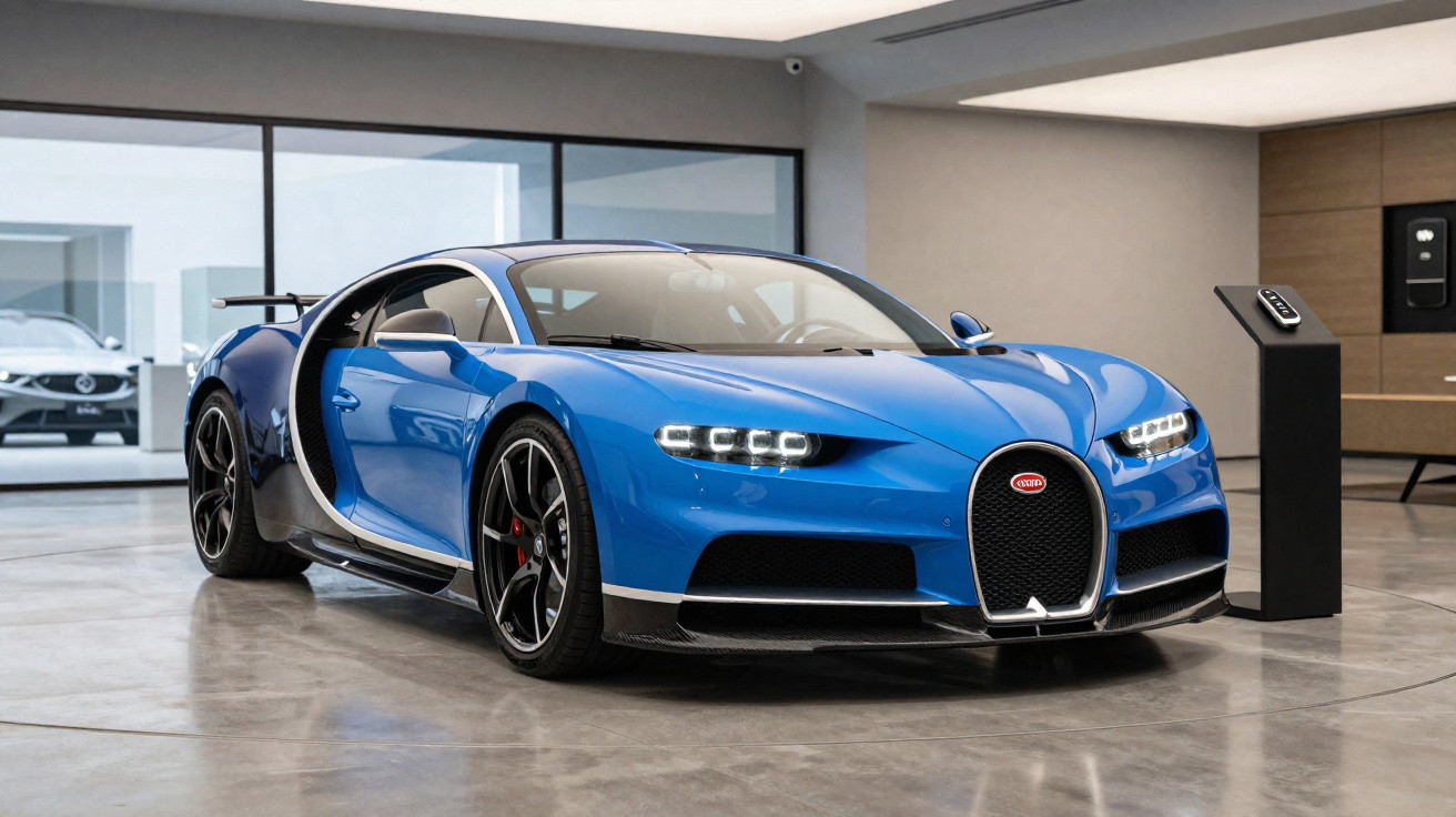 Automóvel de alta performance azul, estilo desportivo, em exposição num espaço interior moderno.