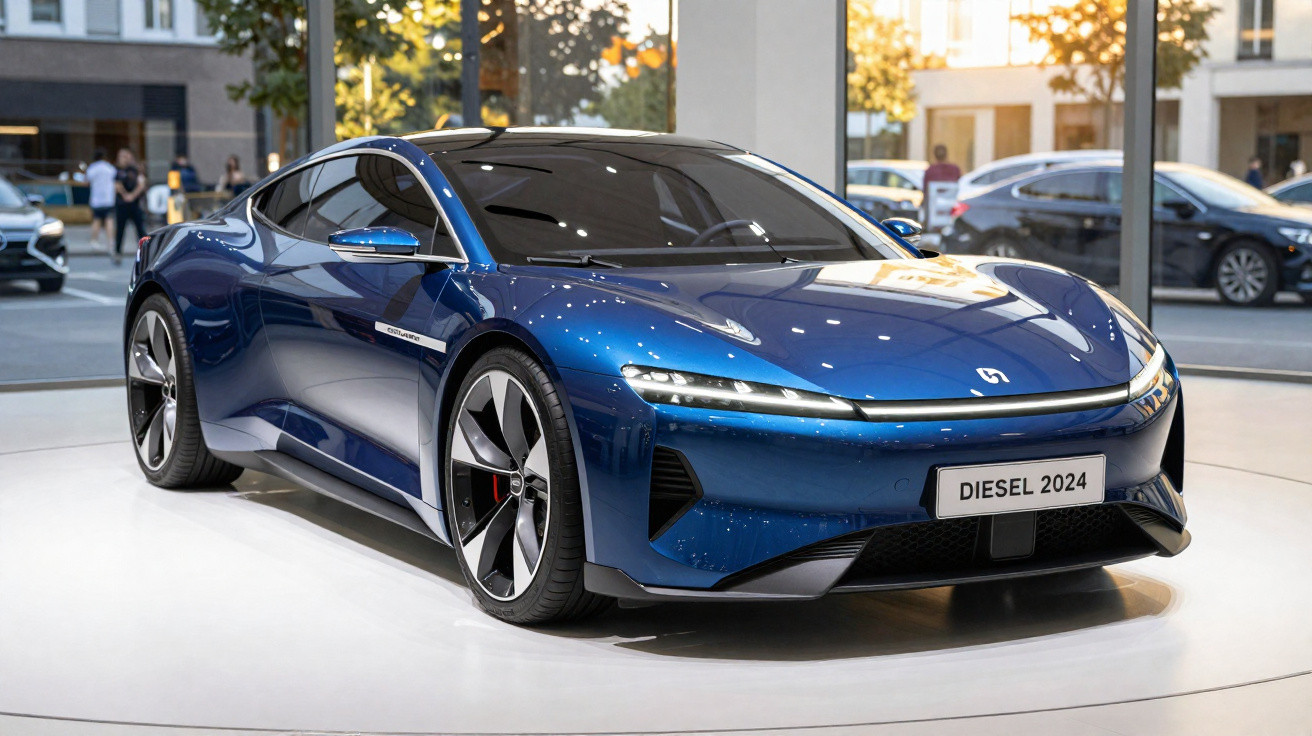 Carro elétrico azul moderno expositor com design aerodinâmico, luzes LED e matrícula Diesel 2024.