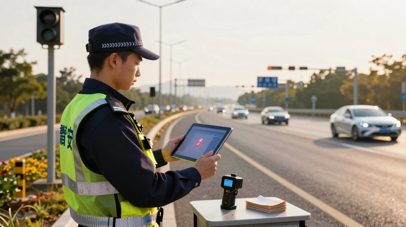 Polícia de trânsito a usar tablet para controlar velocidade numa estrada com carros ao pôr do sol.