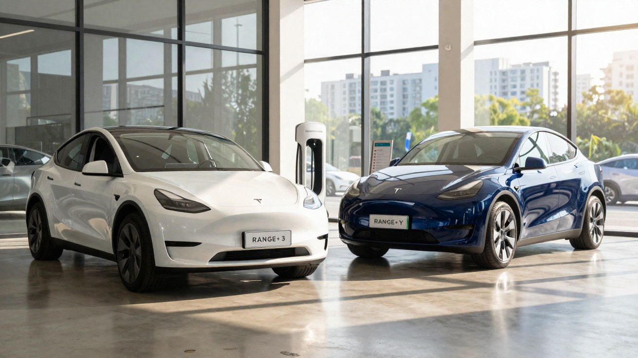 Dois carros elétricos Tesla, um branco e outro azul, estacionados em showroom com carregador ao centro.