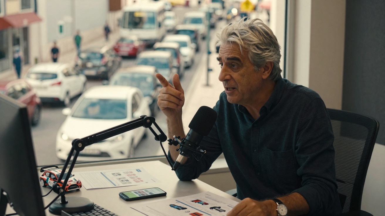 Homem maduro a falar ao microfone numa rádio com carros a passar pela janela atrás dele.