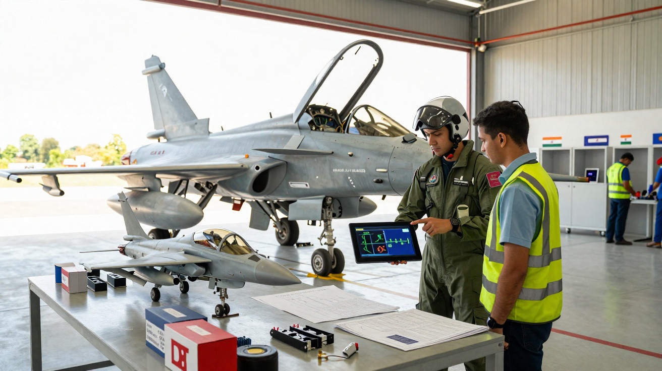Dois homens analisam dados técnicos sobre aviões de combate num hangar com jato real e modelo em miniatura.