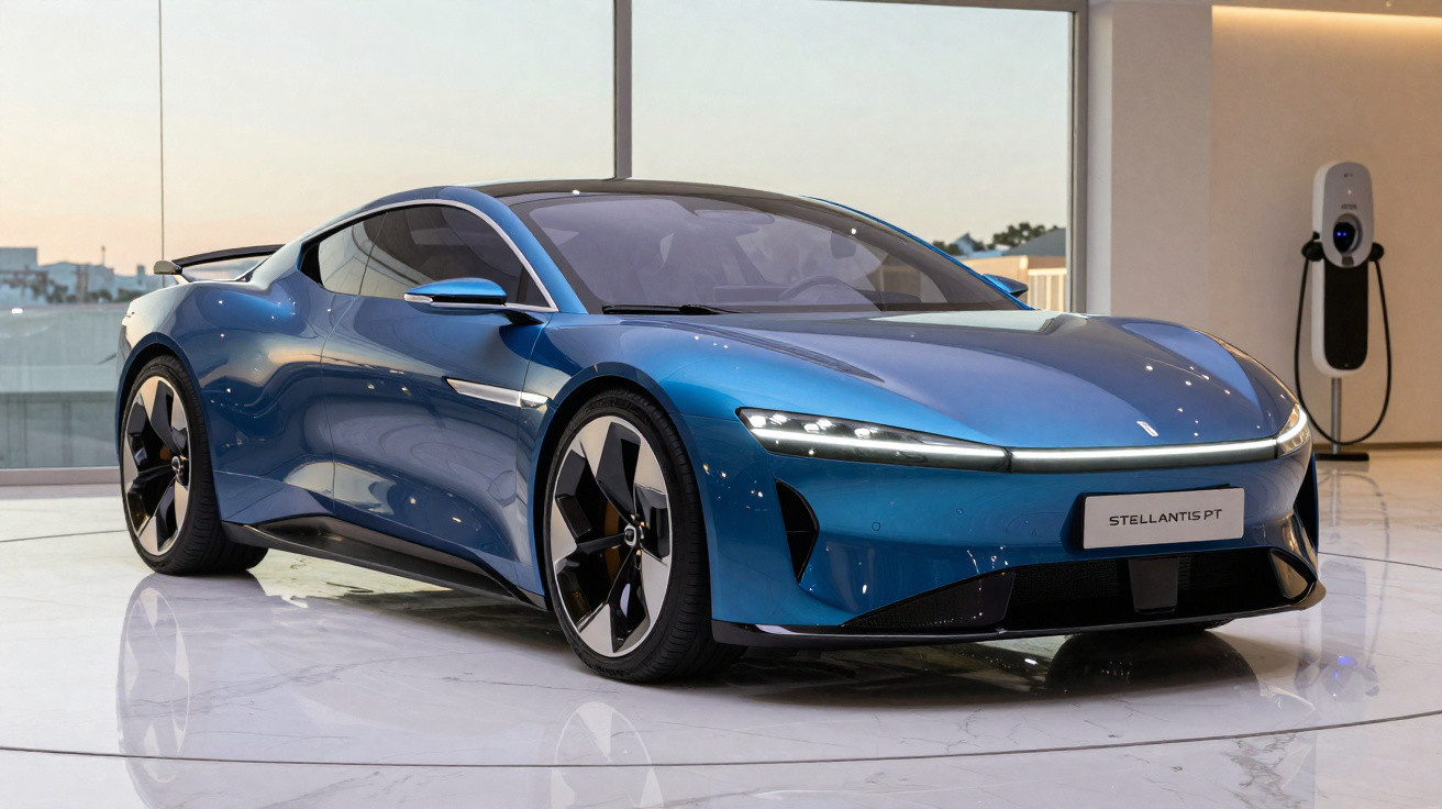Carro desportivo elétrico azul num espaço moderno, com carregador elétrico ao fundo junto à parede.