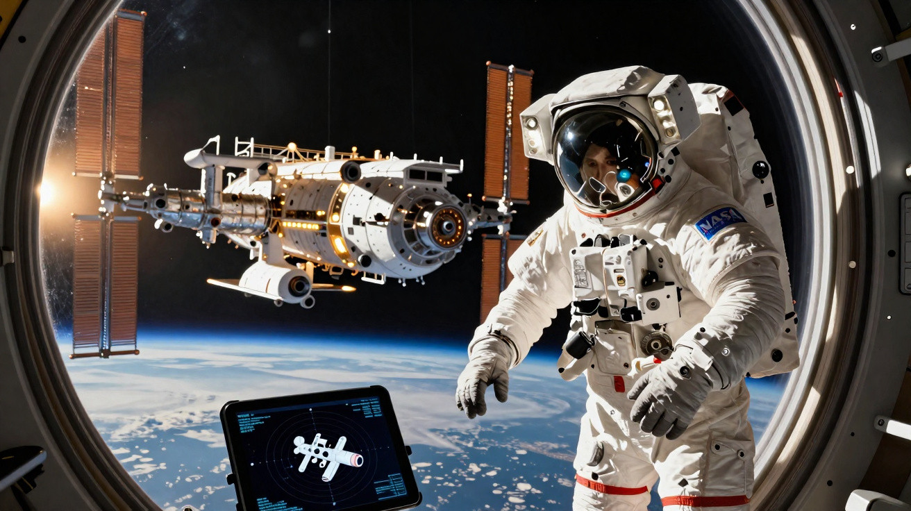 Astronauta em traje espacial flutua no espaço próximo à estação espacial com a Terra ao fundo.