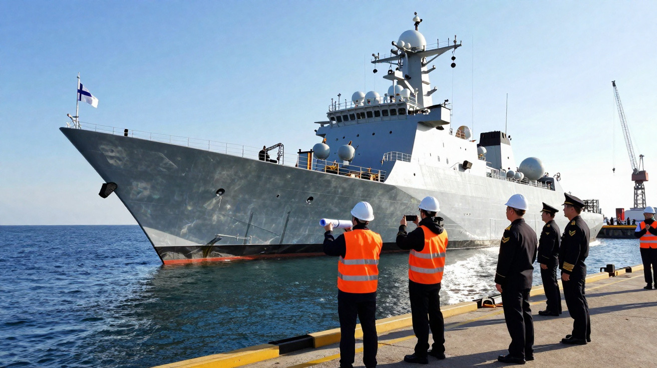Navio de guerra cinzento atracado num porto com várias pessoas de colete laranja e capacete branco a observar.