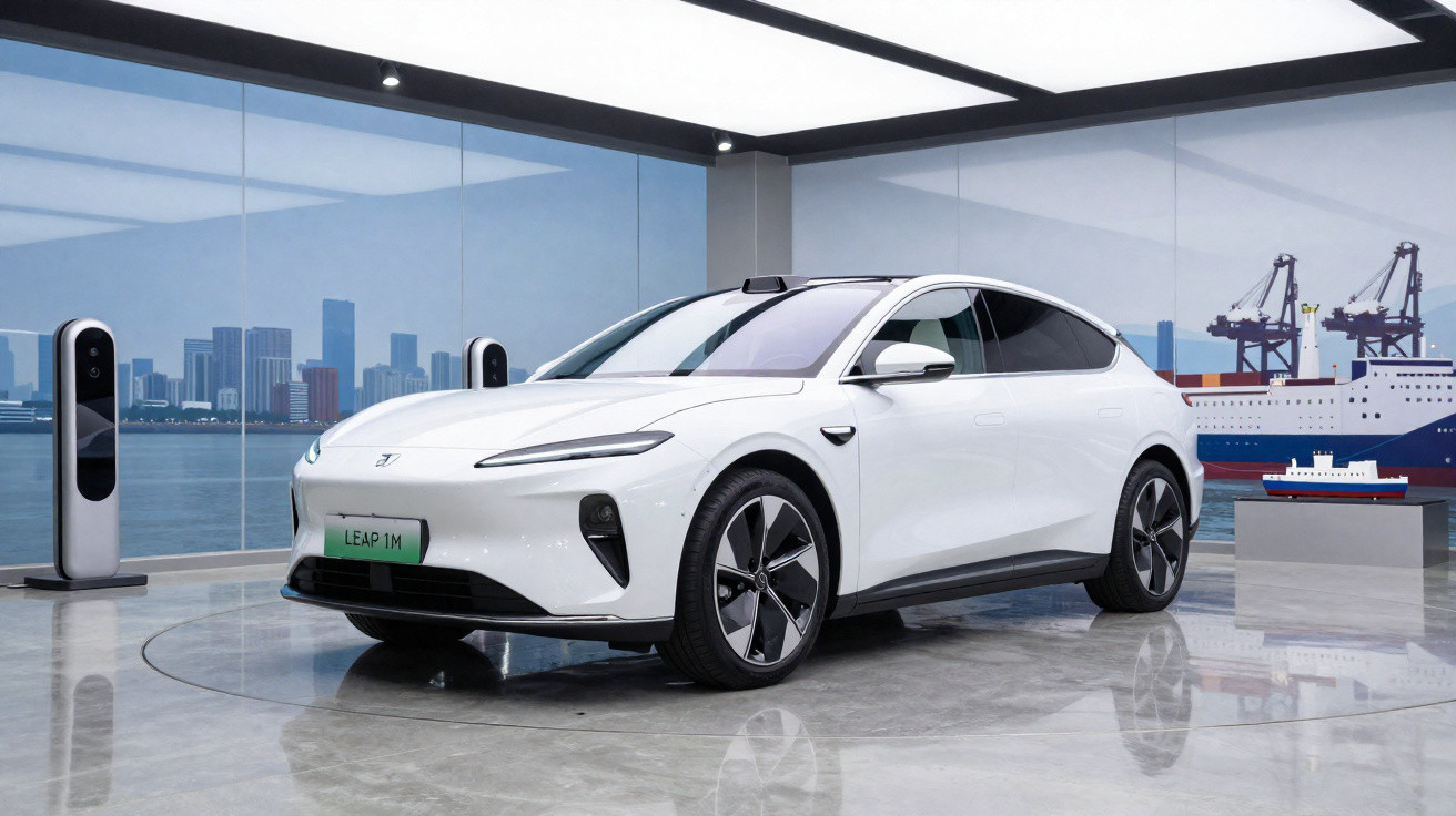 Carro elétrico branco LEAP IM estacionado em sala moderna com grandes janelas e carregador elétrico.
