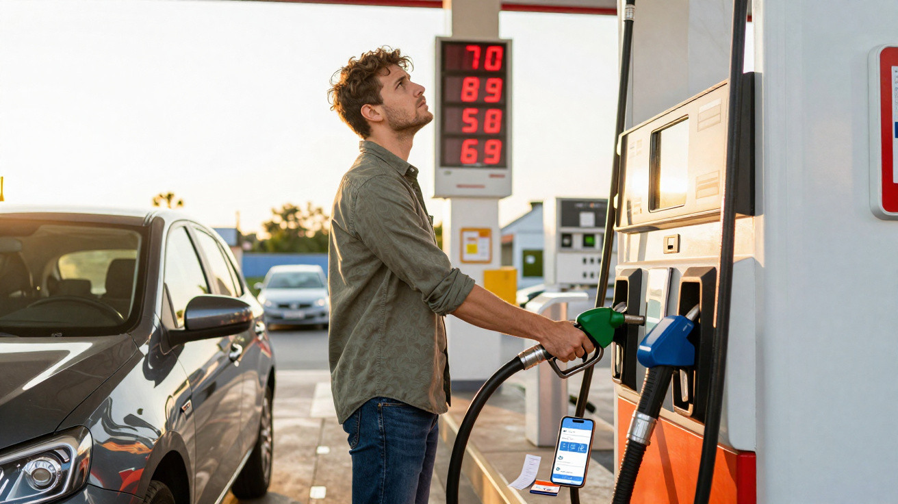 Homem a abastecer carro numa bomba de gasolina, olhando para o painel de preços ao pôr do sol.