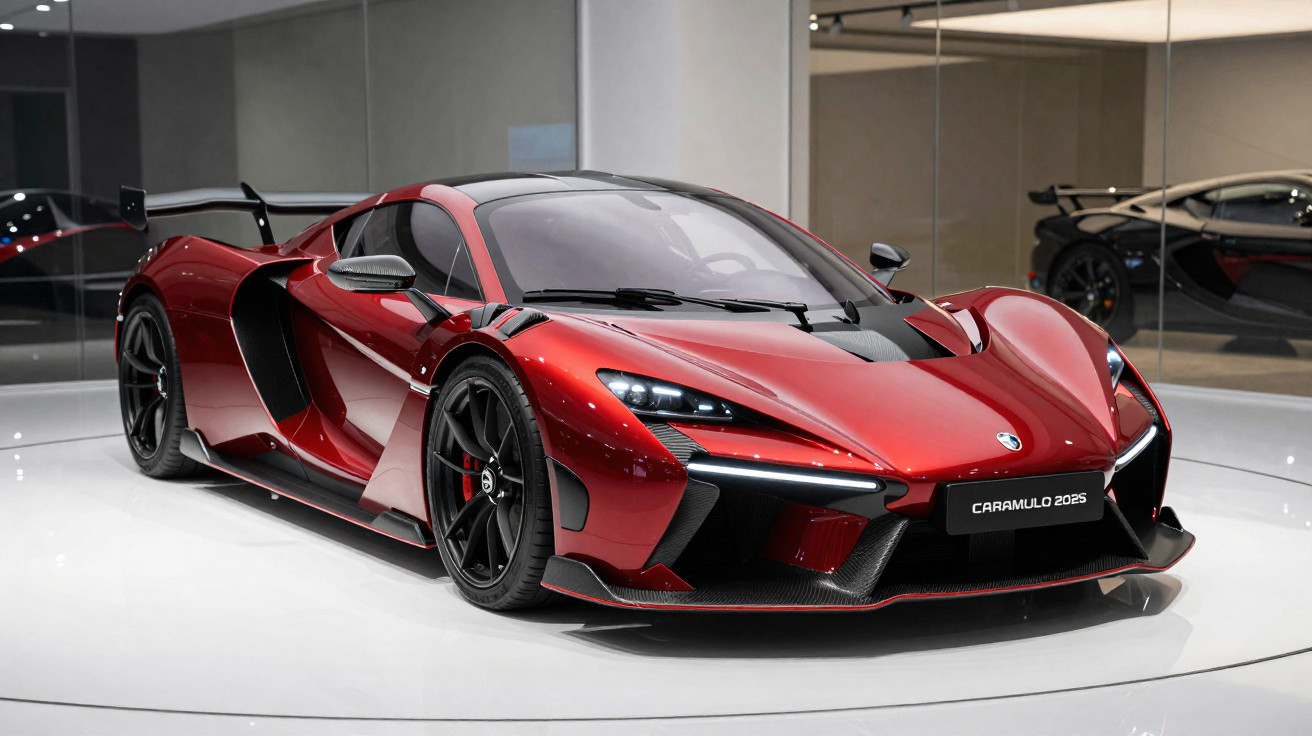 Carro desportivo vermelho metálico com design aerodinâmico exibido em sala de exposição moderna.