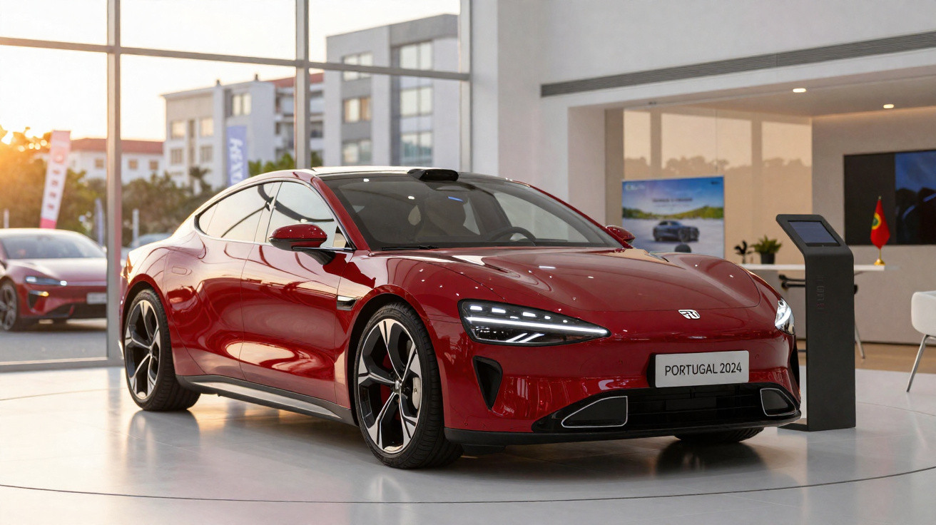 Carro desportivo elétrico vermelho, modelo Portugal 2024, exposto em showroom moderno com janelas amplas.