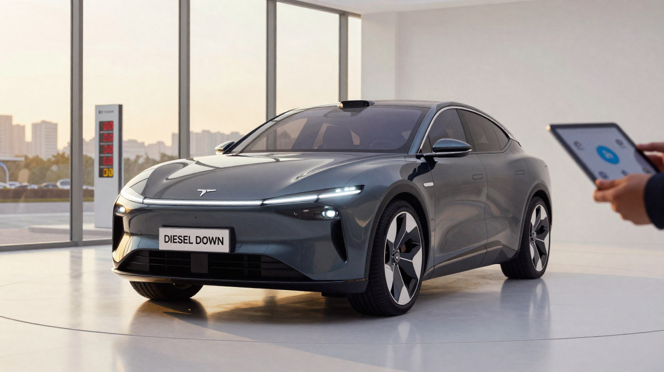 Carro elétrico cinzento moderno em exposição num ambiente interior minimalista com luz natural.