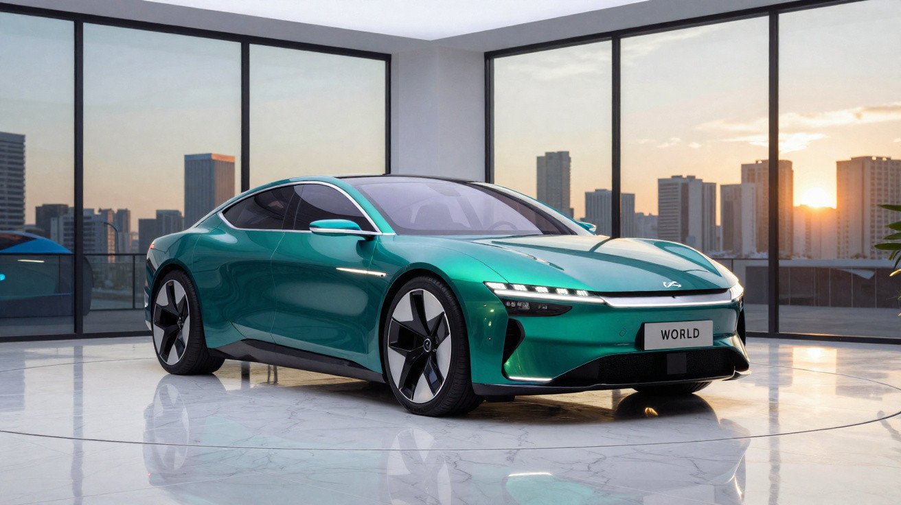Carro elétrico desportivo verde numa sala ampla com janelas panorâmicas e vista urbana ao fundo.