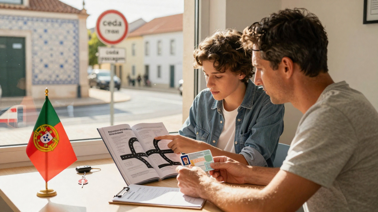 Um homem adulto ensina um jovem numa sala, segurando um documento de código de estrada, com a bandeira de Portugal na mesa.