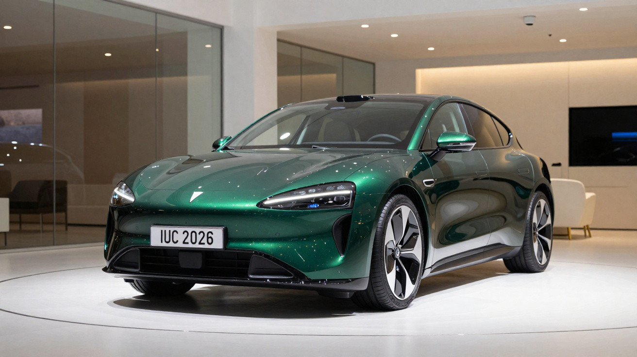 Carro elétrico desportivo verde metálico exibido em exposição interior moderna.