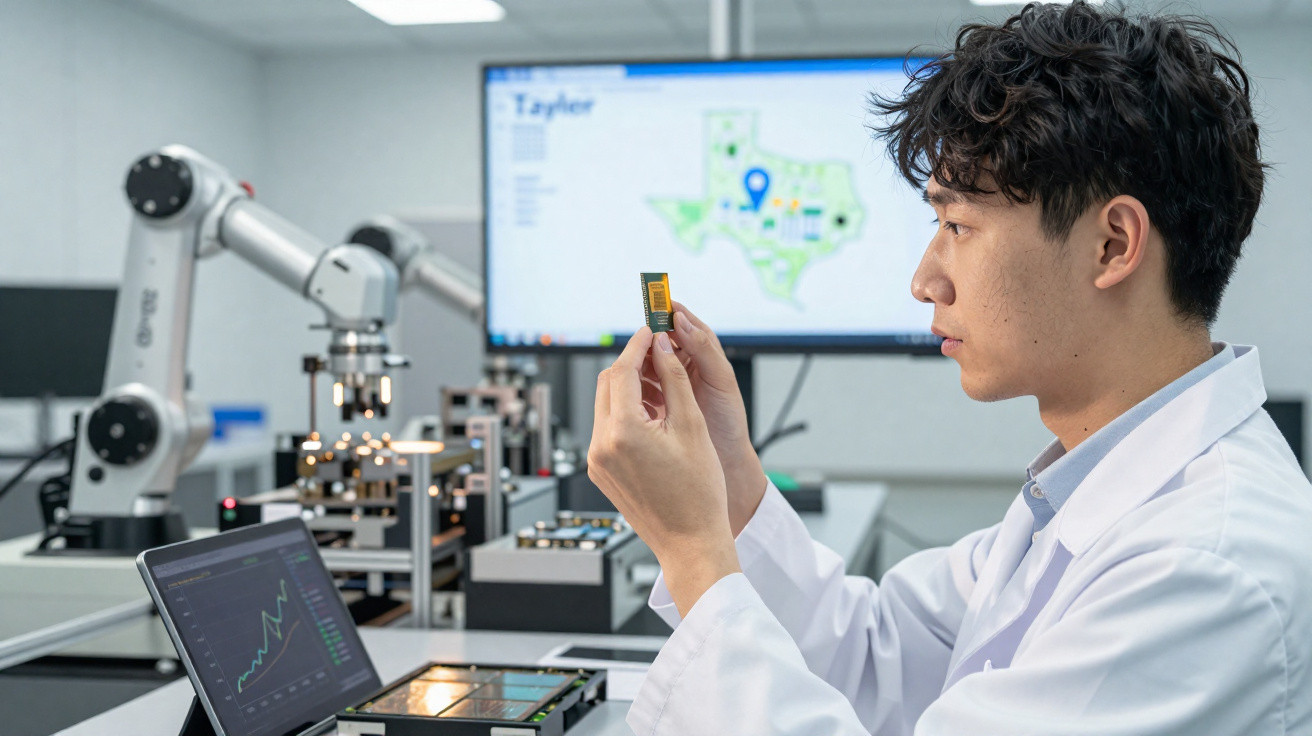 Homem em bata branca examina componente eletrónico numa sala de laboratório com equipamento tecnológico avançado.