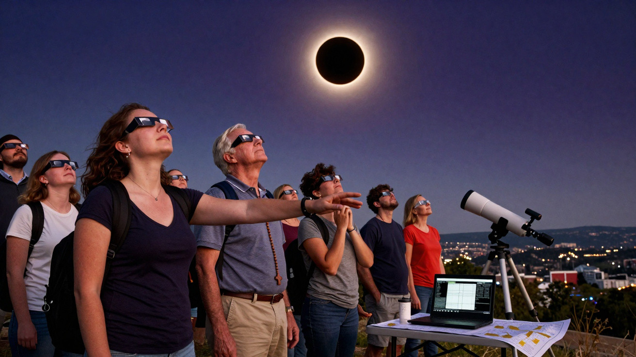 Pessoas com óculos especiais observam eclipse solar total com cidade ao fundo e equipamento astronómico à direita.