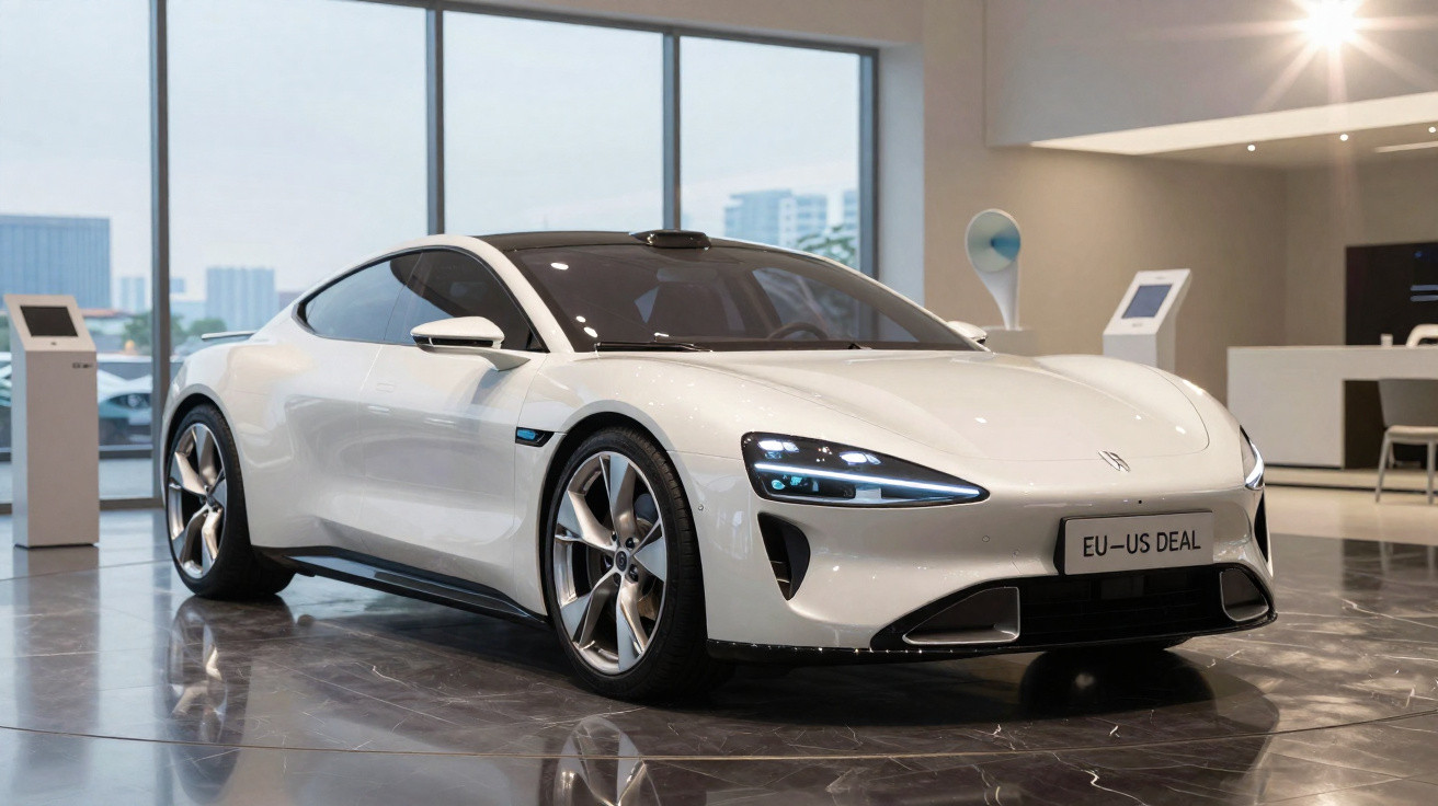 Carro desportivo branco estacionado num interior moderno com grandes janelas e chão refletor.