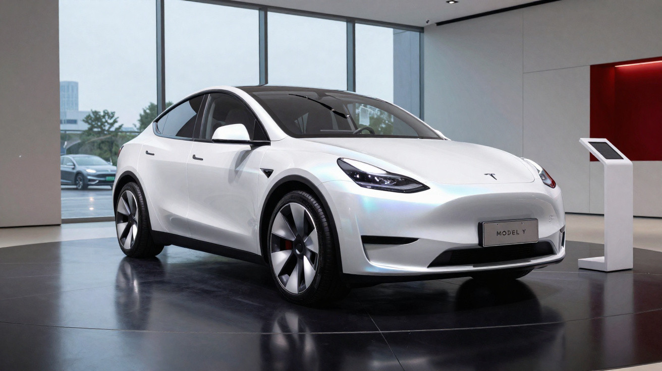 Carro elétrico Tesla Model Y branco estacionado numa loja moderna com grandes janelas de vidro.