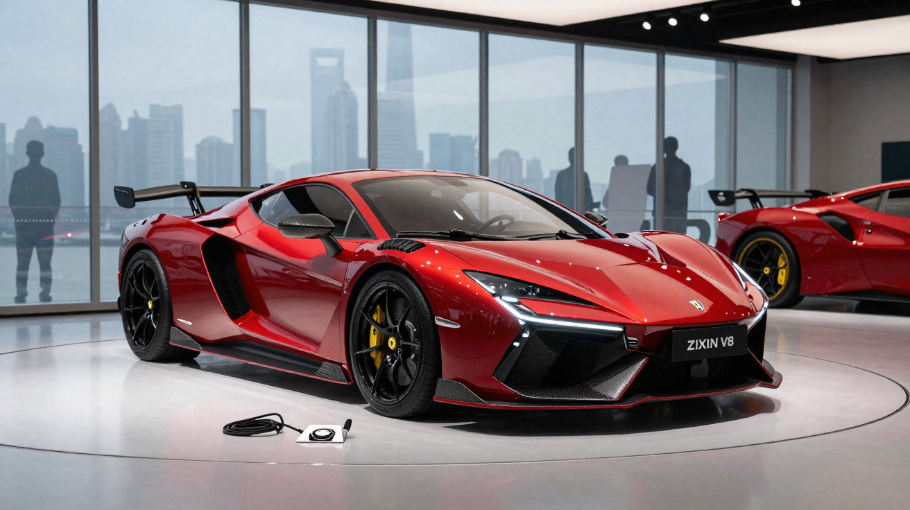 Carro desportivo vermelho com design aerodinâmico exposto numa sala branca e vidros panorâmicos.
