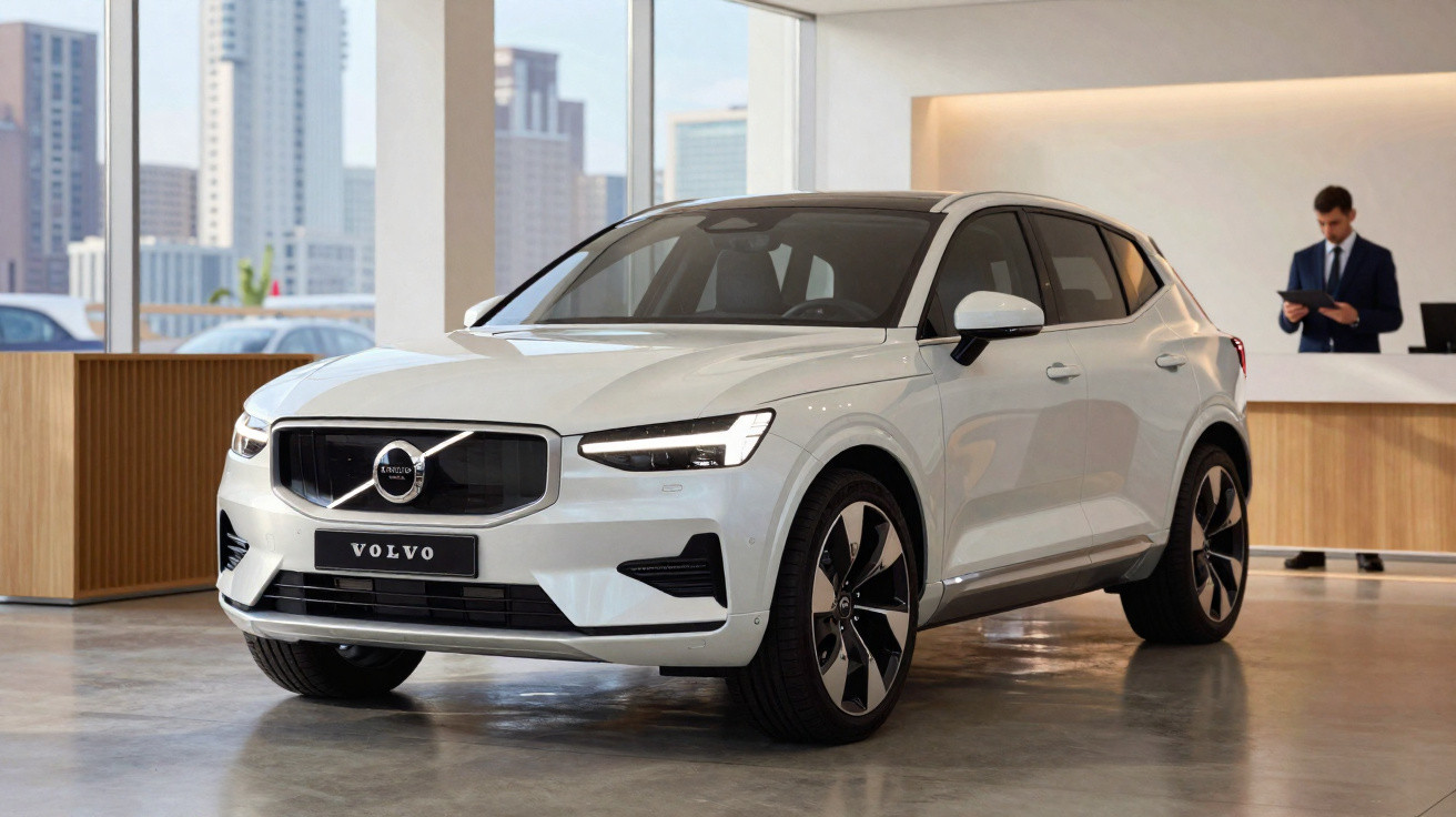 Carro Volvo branco estacionado em showroom moderno com homem de fato em fundo a usar tablet.