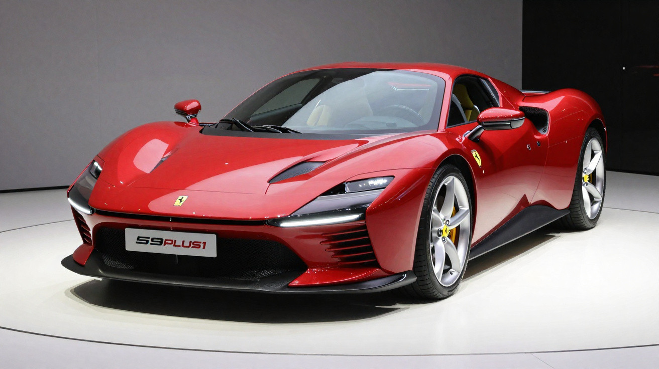 Carro desportivo vermelho Ferrari 598PLUS1 exposto em ambiente interior com iluminação brilhante.