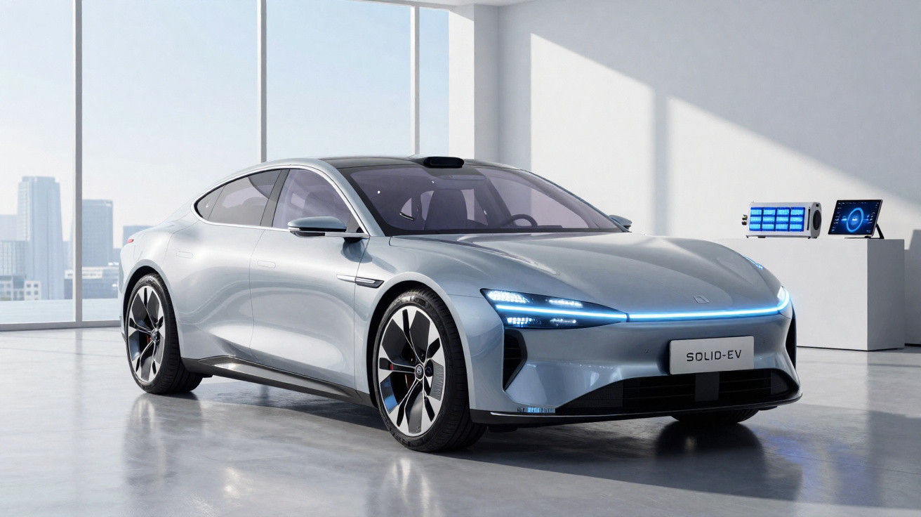 Carro elétrico moderno prata estacionado em espaço interior com janelas grandes e parede branca.