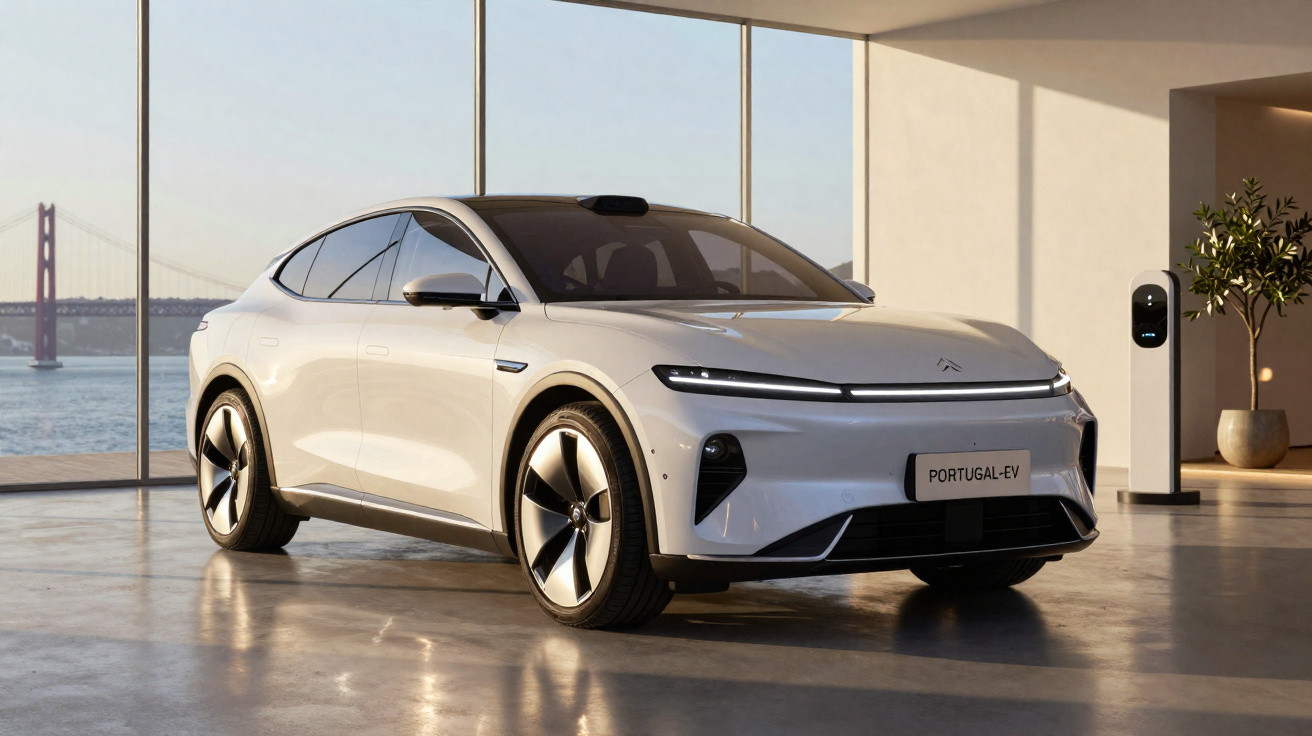 Carro elétrico branco estacionado numa garagem com vista para a ponte 25 de Abril em Lisboa.