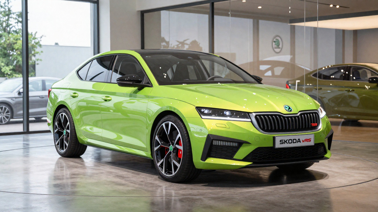 Carro Skoda vRS verde lima estacionado em showroom moderno com vidro e reflexos no chão polido.