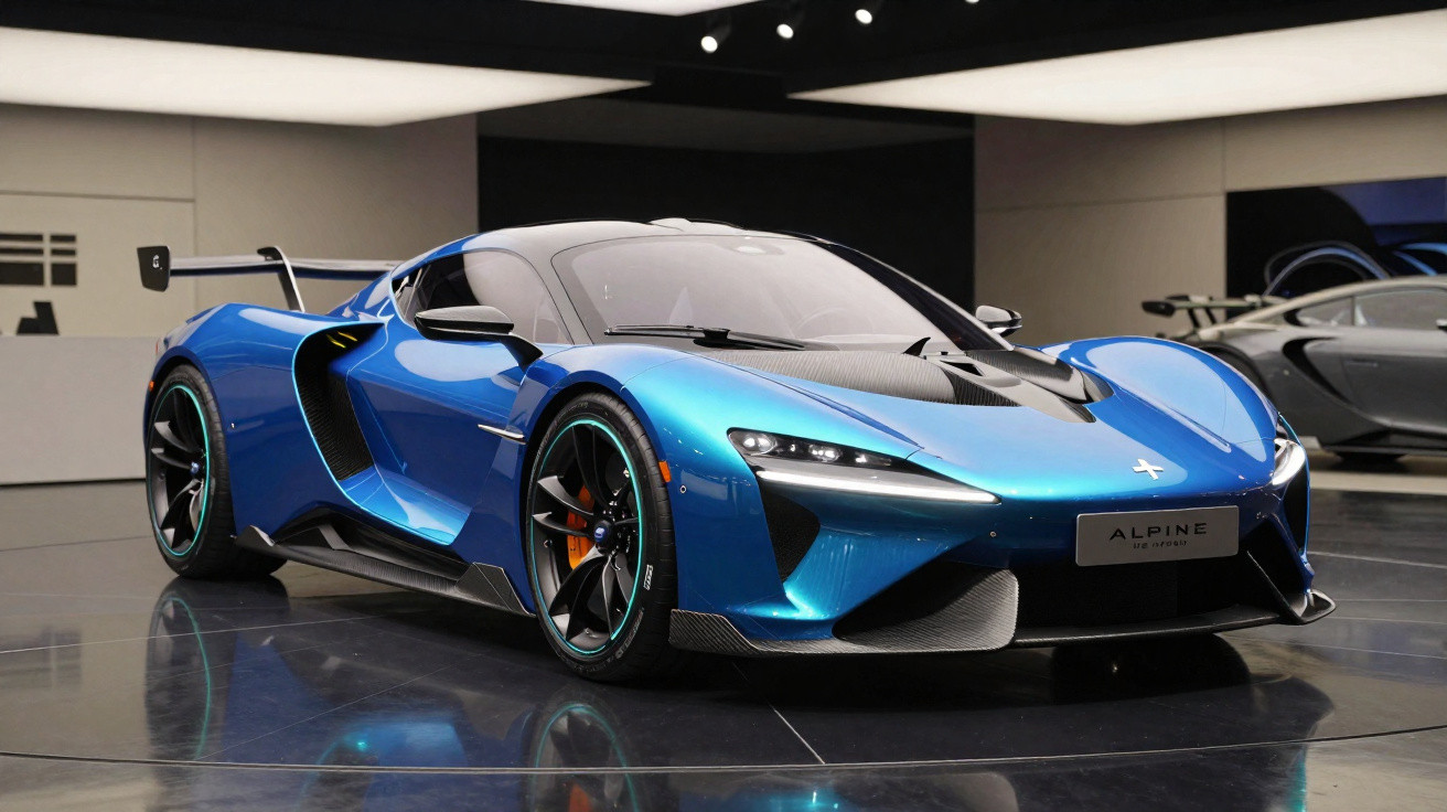 Carro desportivo azul metálico modelo H2 Hybrid exposto em salão automóvel moderno.