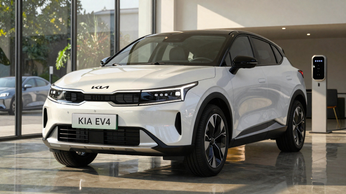 Carro elétrico Kia EV4 branco estacionado dentro de um showroom moderno com estação de carregamento.