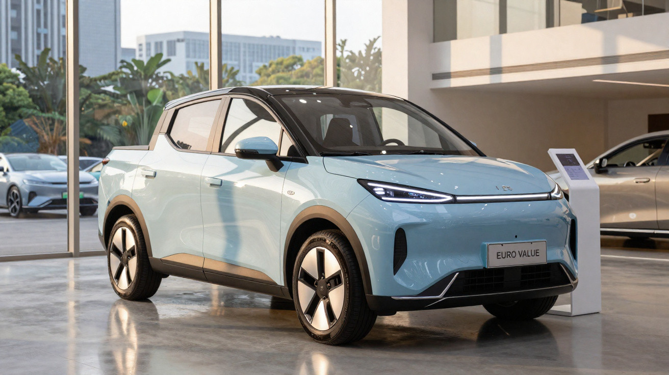Carro elétrico azul claro em exposição num salão moderno com janelas amplas e iluminação natural.