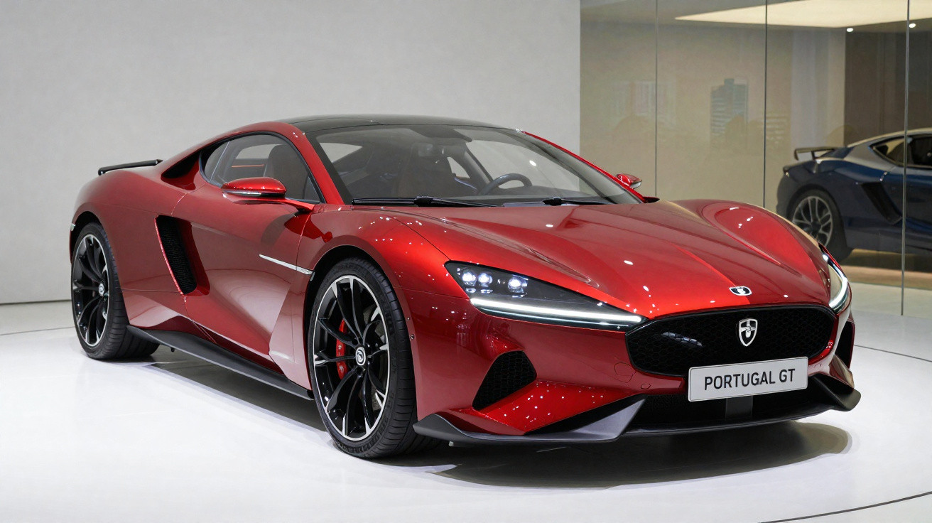 Carro desportivo vermelho Portugal GT exposto numa sala moderna com paredes e chão claros.
