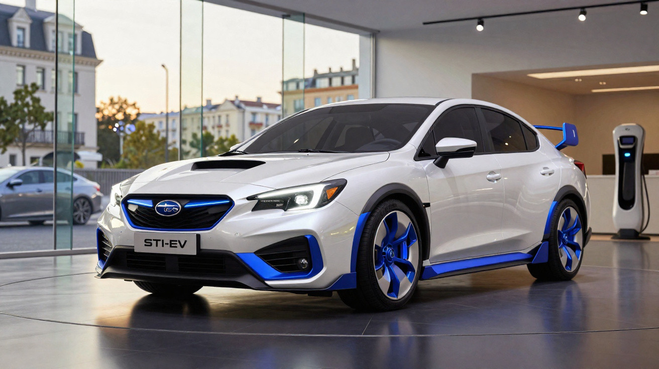 Carro desportivo Subaru STI-EV branco com detalhes azuis numa sala de exposição moderna.